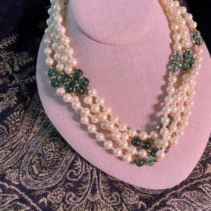 Twisted Pearl & Green Beads Choker Necklace 18"